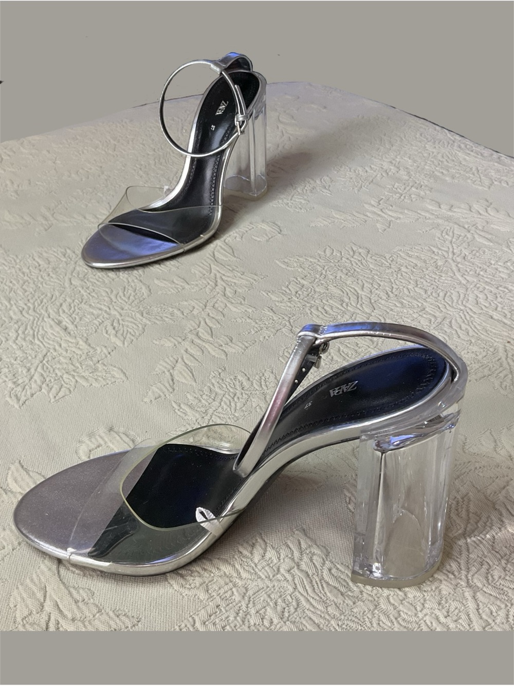 Zara Anna Metallic Silver Clear Block Heels Sandals Sz 6.5-7/37 Strappy Coquette